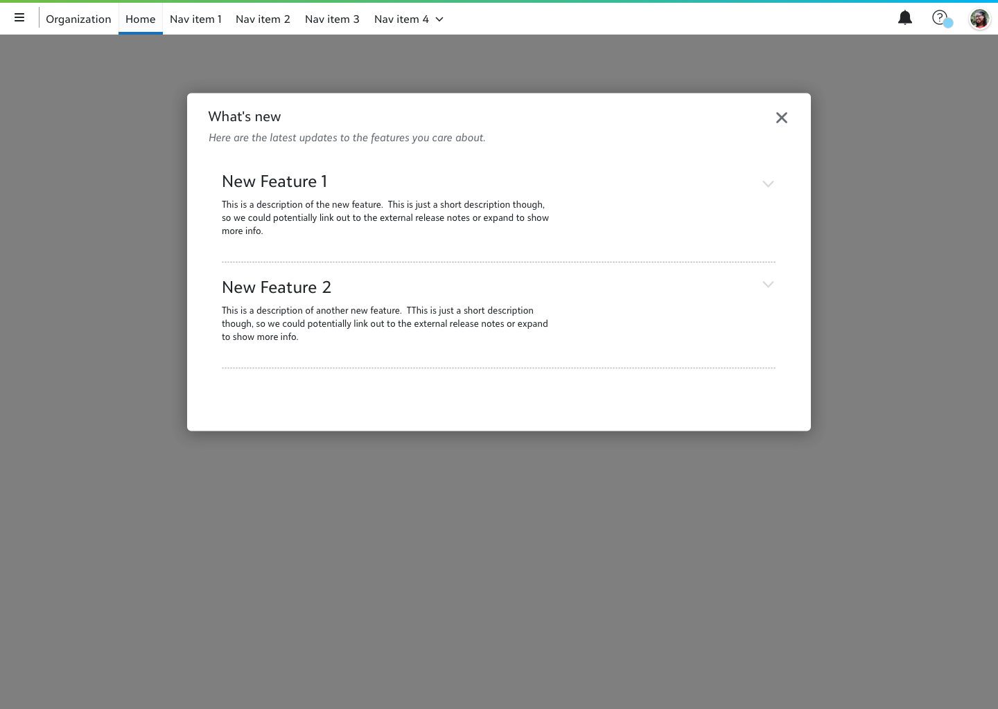 Early modal concept for What's New with a repeater layout